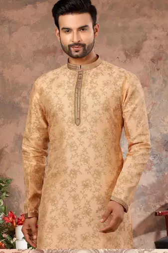 Peach colour digital-printed silk kurta pajama set with threadwork neckline