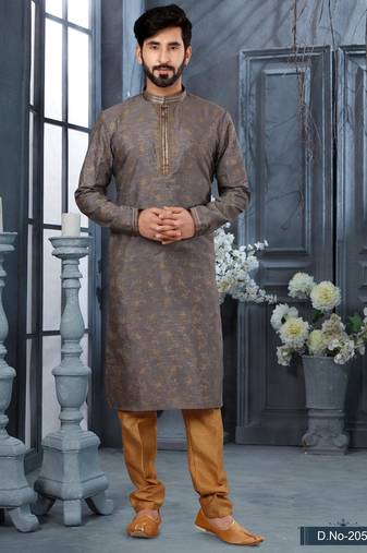 Grey colour digital-printed silk kurta pajama set with threadwork neckline