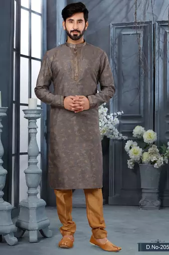 Grey colour digital-printed silk kurta pajama set with threadwork neckline