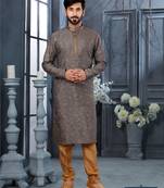 Grey colour digital-printed silk kurta pajama set with threadwork neckline