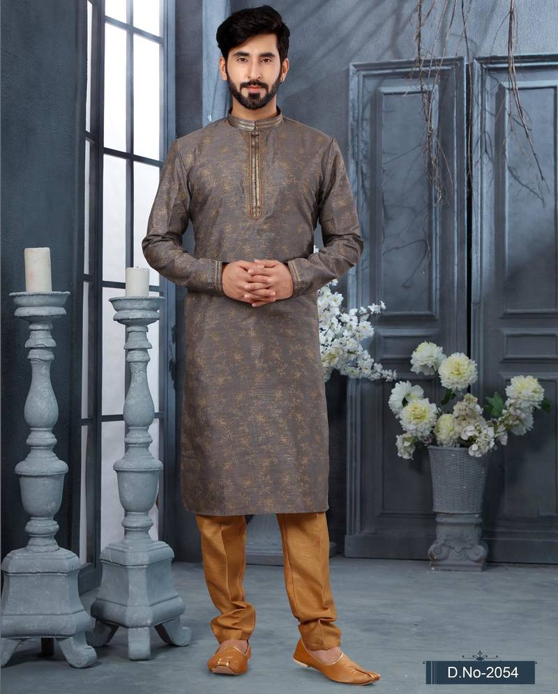 Grey colour digital-printed silk kurta pajama set with threadwork neckline