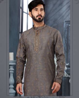 Grey colour digital-printed silk kurta pajama set with threadwork neckline 2