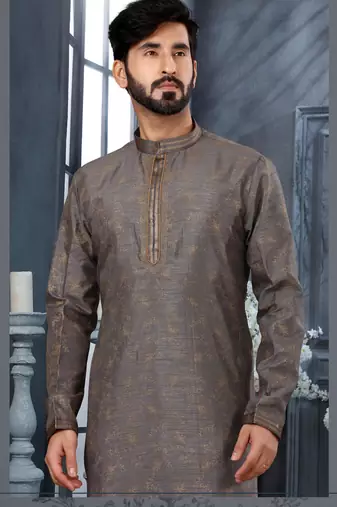 Grey colour digital-printed silk kurta pajama set with threadwork neckline