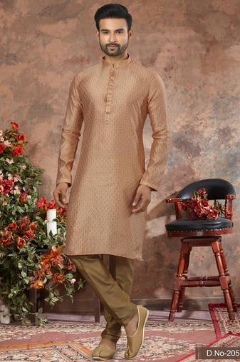 Copper jacquard zari booti kurta pajama set with threadwork