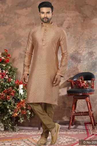 Copper jacquard zari booti kurta pajama set with threadwork
