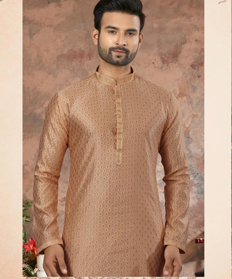 Copper jacquard zari booti kurta pajama set with threadwork