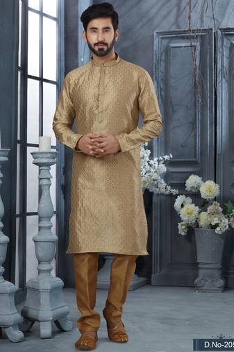 Beige jacquard zari booti kurta pajama set with threadwork