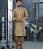 Beige jacquard zari booti kurta pajama set with threadwork