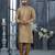 Beige jacquard zari booti kurta pajama set with threadwork