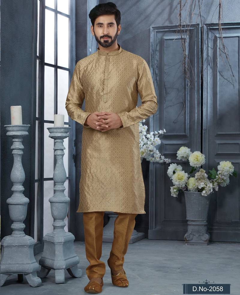 Beige jacquard zari booti kurta pajama set with threadwork