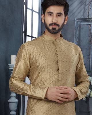 Beige jacquard zari booti kurta pajama set with threadwork 2