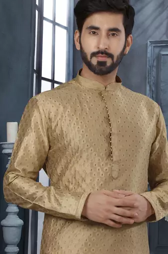 Beige jacquard zari booti kurta pajama set with threadwork