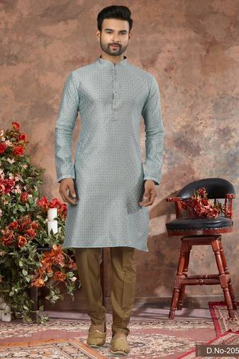 Light firozi colour jacquard zari booti kurta pajama set with threadwork