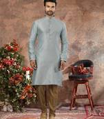 Light firozi colour jacquard zari booti kurta pajama set with threadwork