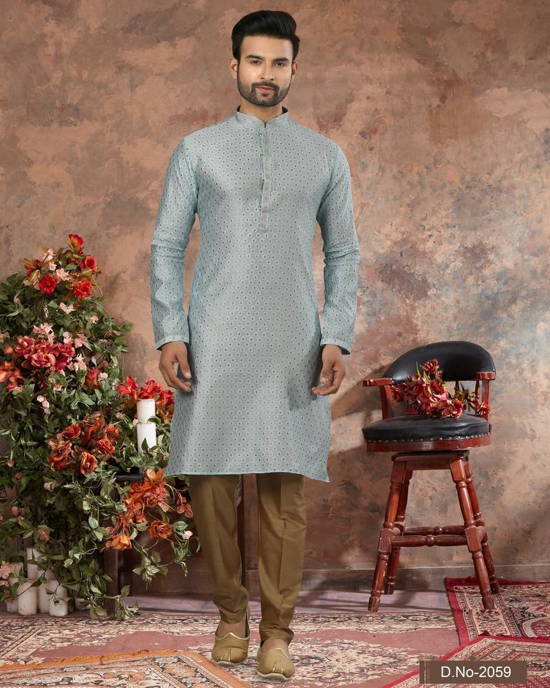 Light firozi colour jacquard zari booti kurta pajama set with threadwork