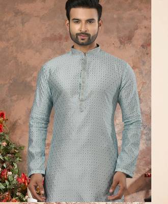Light firozi colour jacquard zari booti kurta pajama set with threadwork 2