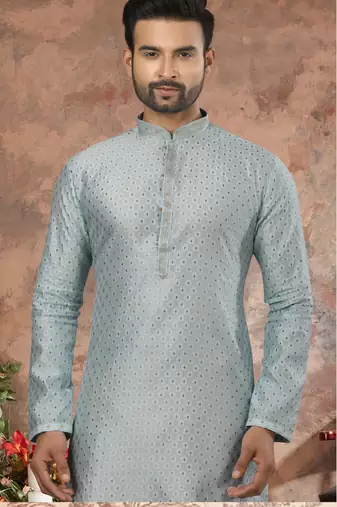 Light firozi colour jacquard zari booti kurta pajama set with threadwork
