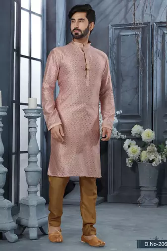 Pink jacquard zari booti kurta pajama set with threadwork