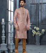 Pink jacquard zari booti kurta pajama set with threadwork