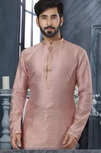 Pink jacquard zari booti kurta pajama set with threadwork
