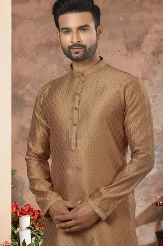 Gold jacquard zari booti kurta pajama set with threadwork