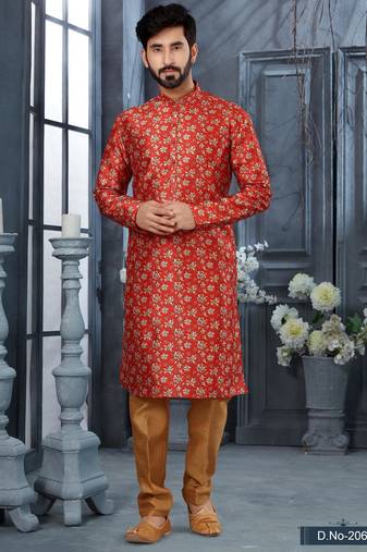 Red jacquard zari booti kurta pajama set with threadwork