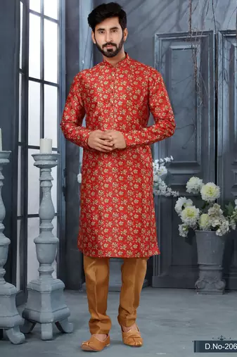 Red jacquard zari booti kurta pajama set with threadwork