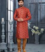 Red jacquard zari booti kurta pajama set with threadwork