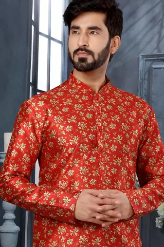 Red jacquard zari booti kurta pajama set with threadwork