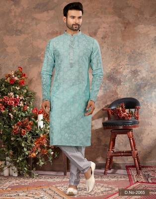 Sky blue colour digital-printed silk kurta pajama set with threadwork neckline 1