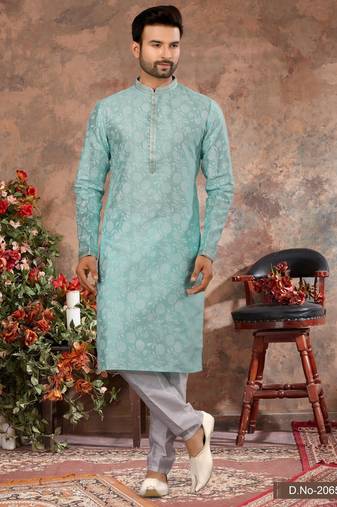 Sky blue colour digital-printed silk kurta pajama set with threadwork neckline