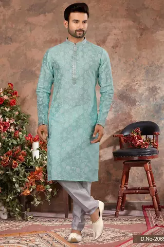 Sky blue colour digital-printed silk kurta pajama set with threadwork neckline
