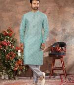 Sky blue colour digital-printed silk kurta pajama set with threadwork neckline