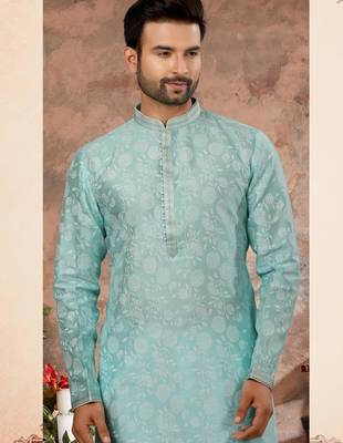 Sky blue colour digital-printed silk kurta pajama set with threadwork neckline 2
