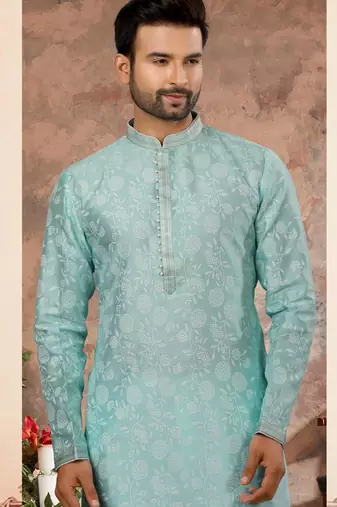 Sky blue colour digital-printed silk kurta pajama set with threadwork neckline