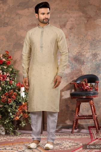 Light yellow jacquard zari booti kurta pajama set with threadwork