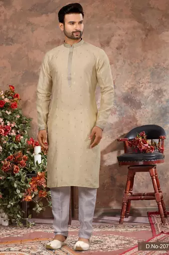 Light yellow jacquard zari booti kurta pajama set with threadwork