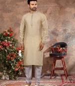 Light yellow jacquard zari booti kurta pajama set with threadwork
