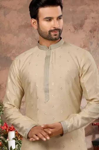 Light yellow jacquard zari booti kurta pajama set with threadwork