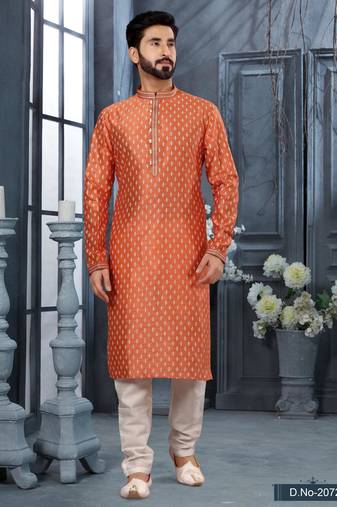 Orenge colour digital-printed silk kurta pajama set with threadwork neckline