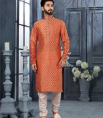 Orenge colour digital-printed silk kurta pajama set with threadwork neckline