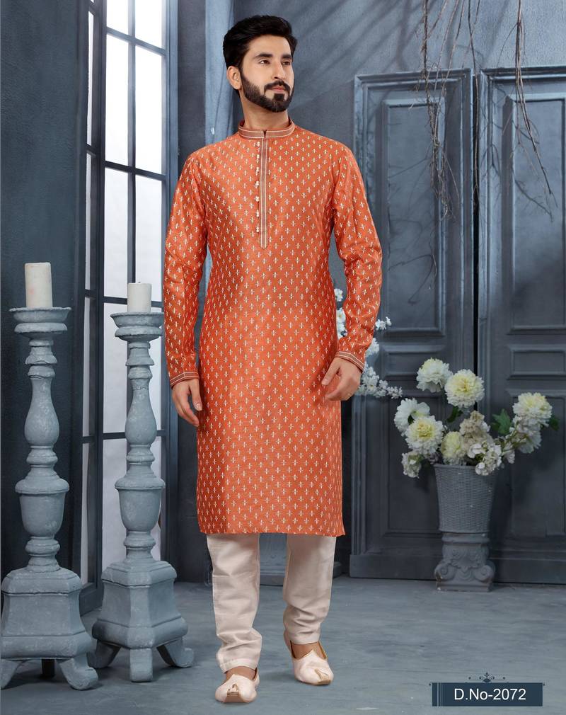 Orenge colour digital-printed silk kurta pajama set with threadwork neckline