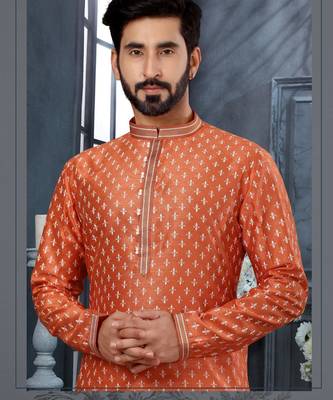 Orenge colour digital-printed silk kurta pajama set with threadwork neckline 2