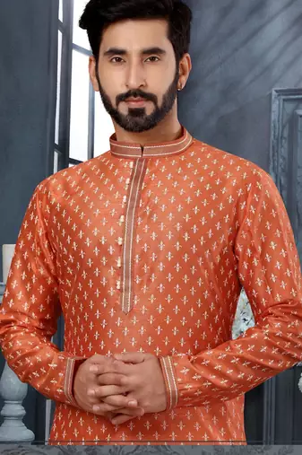 Orenge colour digital-printed silk kurta pajama set with threadwork neckline