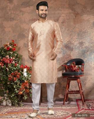 Light orenge colour digital-printed silk kurta pajama set with threadwork neckline 1
