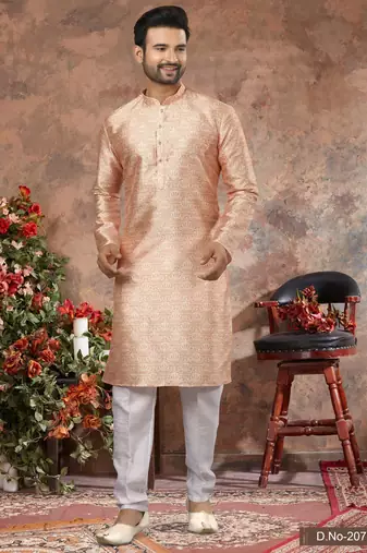 Light orenge colour digital-printed silk kurta pajama set with threadwork neckline