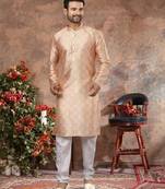 Light orenge colour digital-printed silk kurta pajama set with threadwork neckline