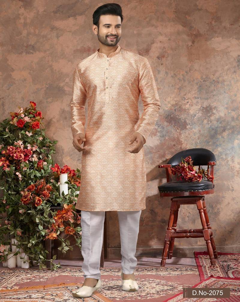 Light orenge colour digital-printed silk kurta pajama set with threadwork neckline