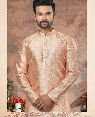 Light orenge colour digital-printed silk kurta pajama set with threadwork neckline 2