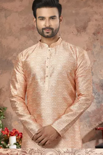 Light orenge colour digital-printed silk kurta pajama set with threadwork neckline